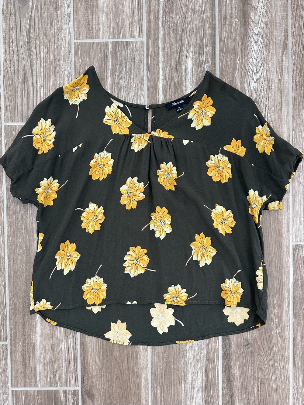 Madewell Olive Green Short-Sleeve Blouse with Yellow Floral Print